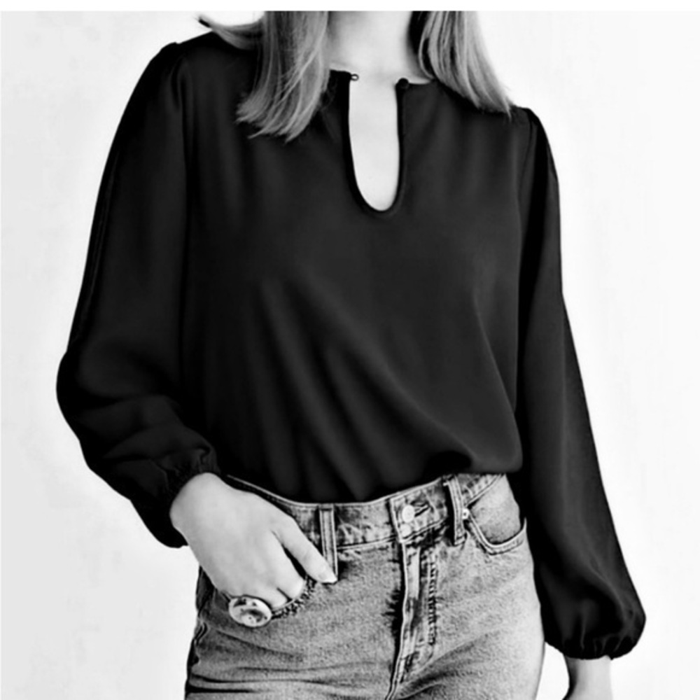 J. Crew | Puff Sleeve Satin-Back Crepe Blouse Keyhole Neck Black XST NWT